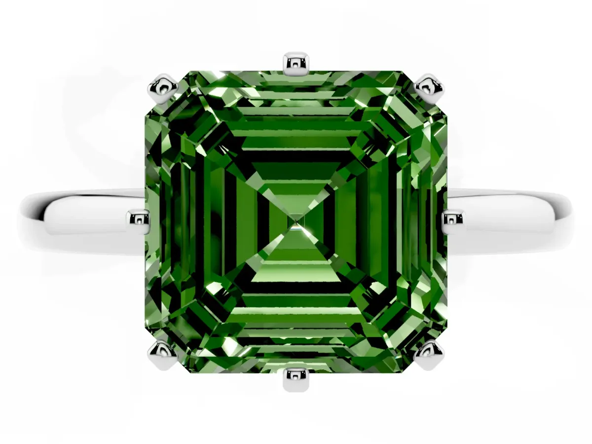 Fancy Green Asscher Cut Solitaire Diamond Ring with Six-Prong Setting on a Classic Band Silver