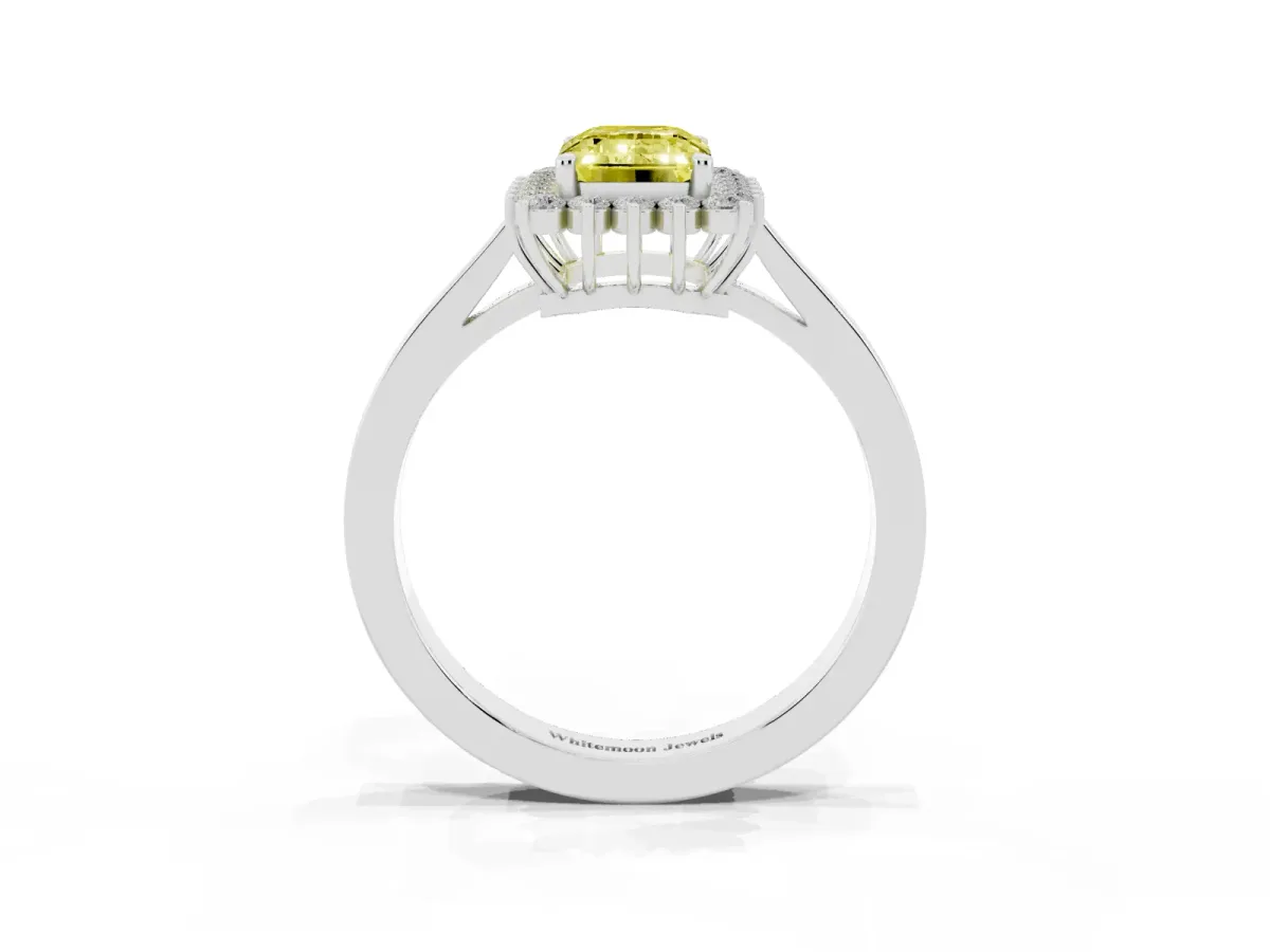 Fancy Yellow Emerald Cut Cut Diamond Halo Ring with Round Brilliant Halo and Solitaire Band Silver