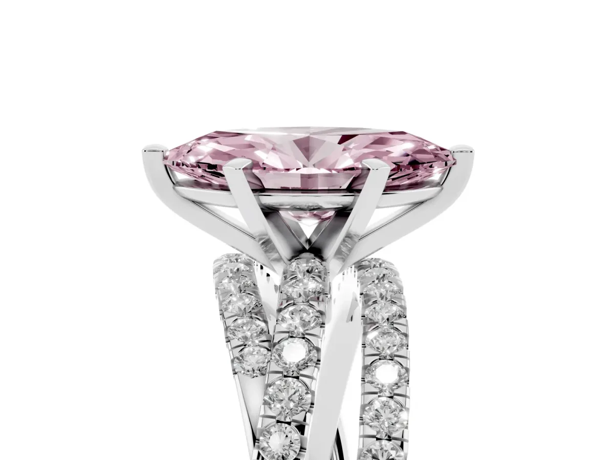 Fancy Pink Marquise Cut Solitaire Twist Band with Pavé Setting and Four-Prong Setting Silver
