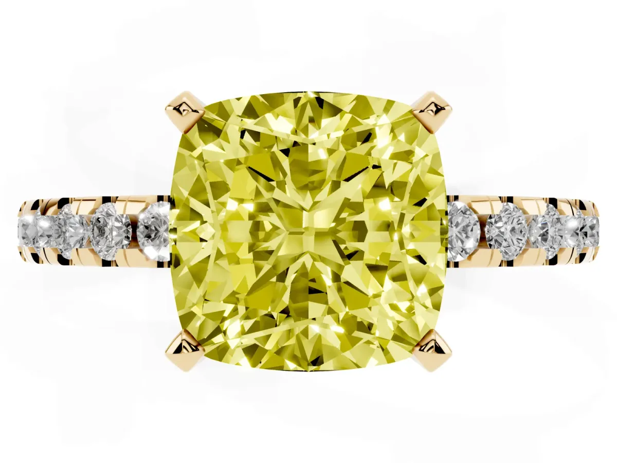 Fancy Yellow Cushion Cut Diamond Solitaire Ring with Round Pavé Band and Four-Prong Setting Yellow gold