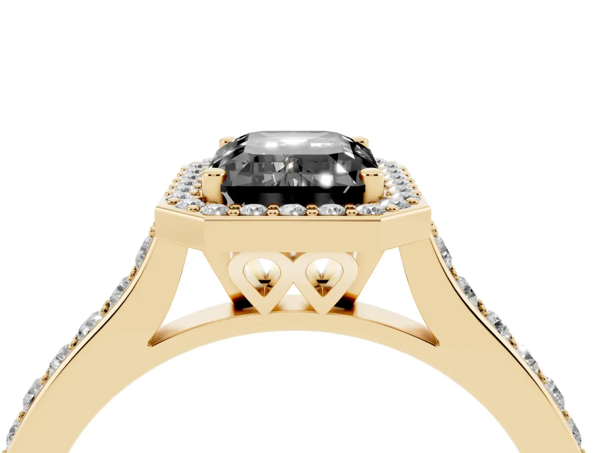 Fancy Black Emerald Cut Diamond Halo Engagement Ring with Round Pavé Shoulders and Prong Setting Yellow gold