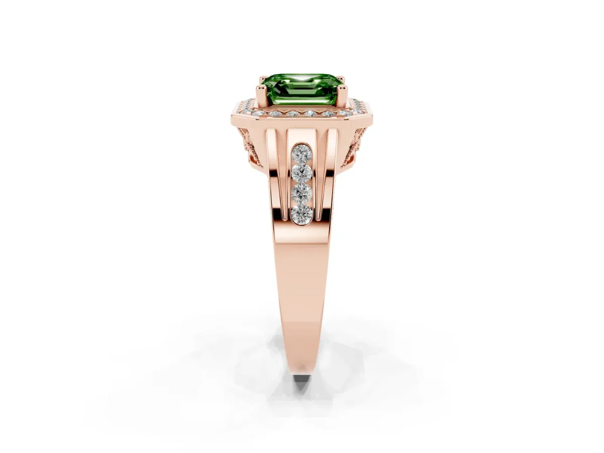 Fancy Green Asscher Cut Diamond Halo Ring with Split Shank and Bezel Accents and Prong Setting Rose gold