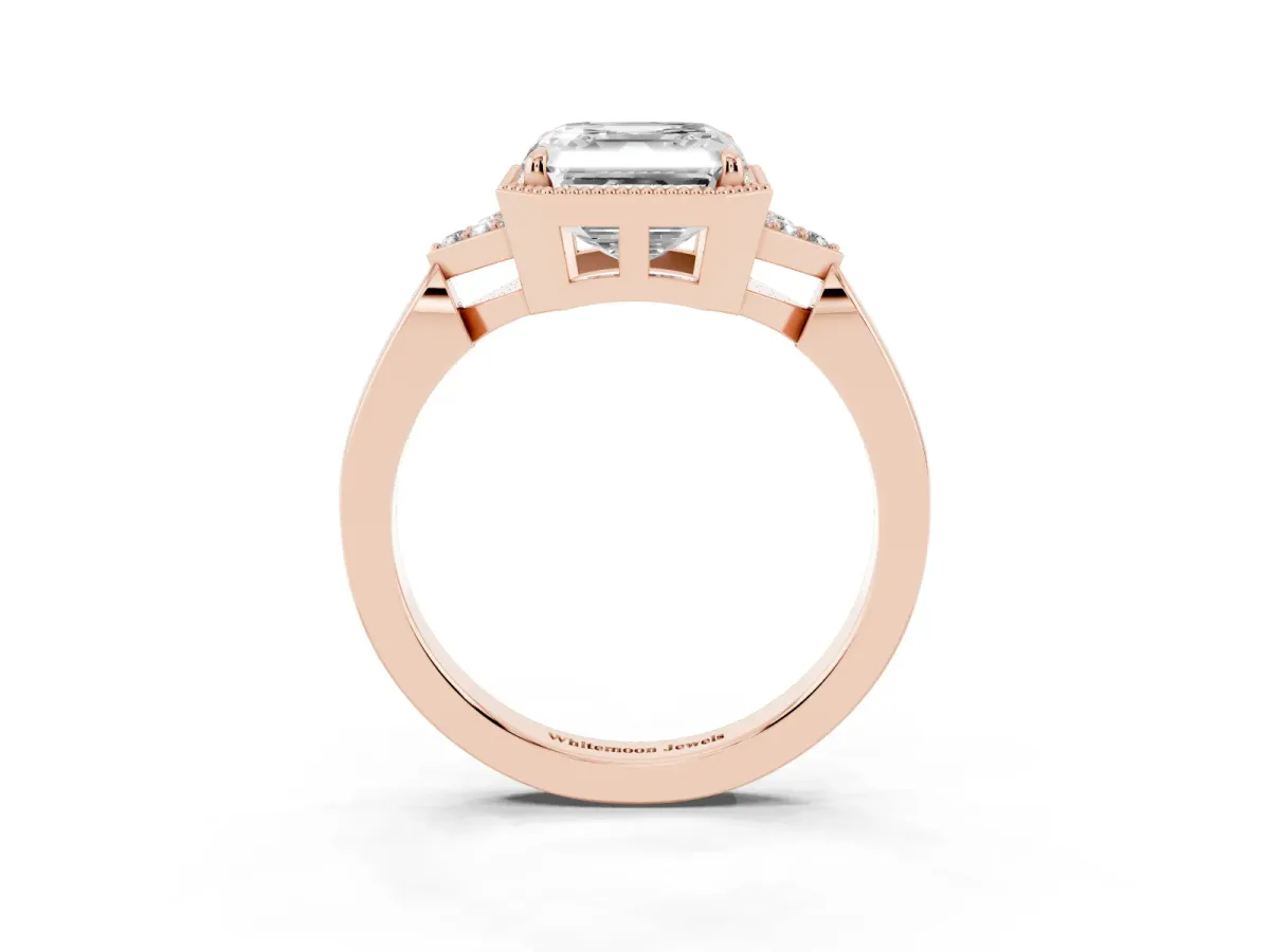 Hexagonal Halo Asscher Cut Diamond Solitaire with Pavé Band and Four-Prong Setting Rose gold