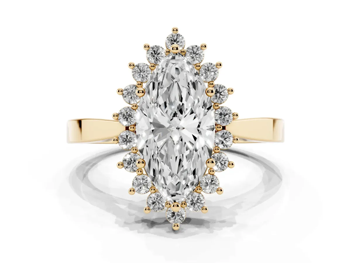 Marquise Cut Cut Diamond Halo Ring with Round Brilliant Halo and Solitaire Band Yellow gold