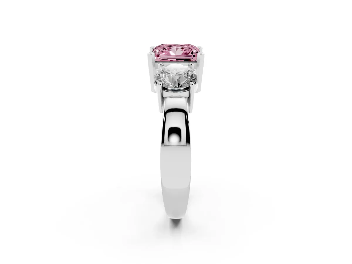Fancy Pink Three-Stone Princess Cut Diamond Ring with Round Side Stones, Classic Band, and Four-Prong Setting White gold