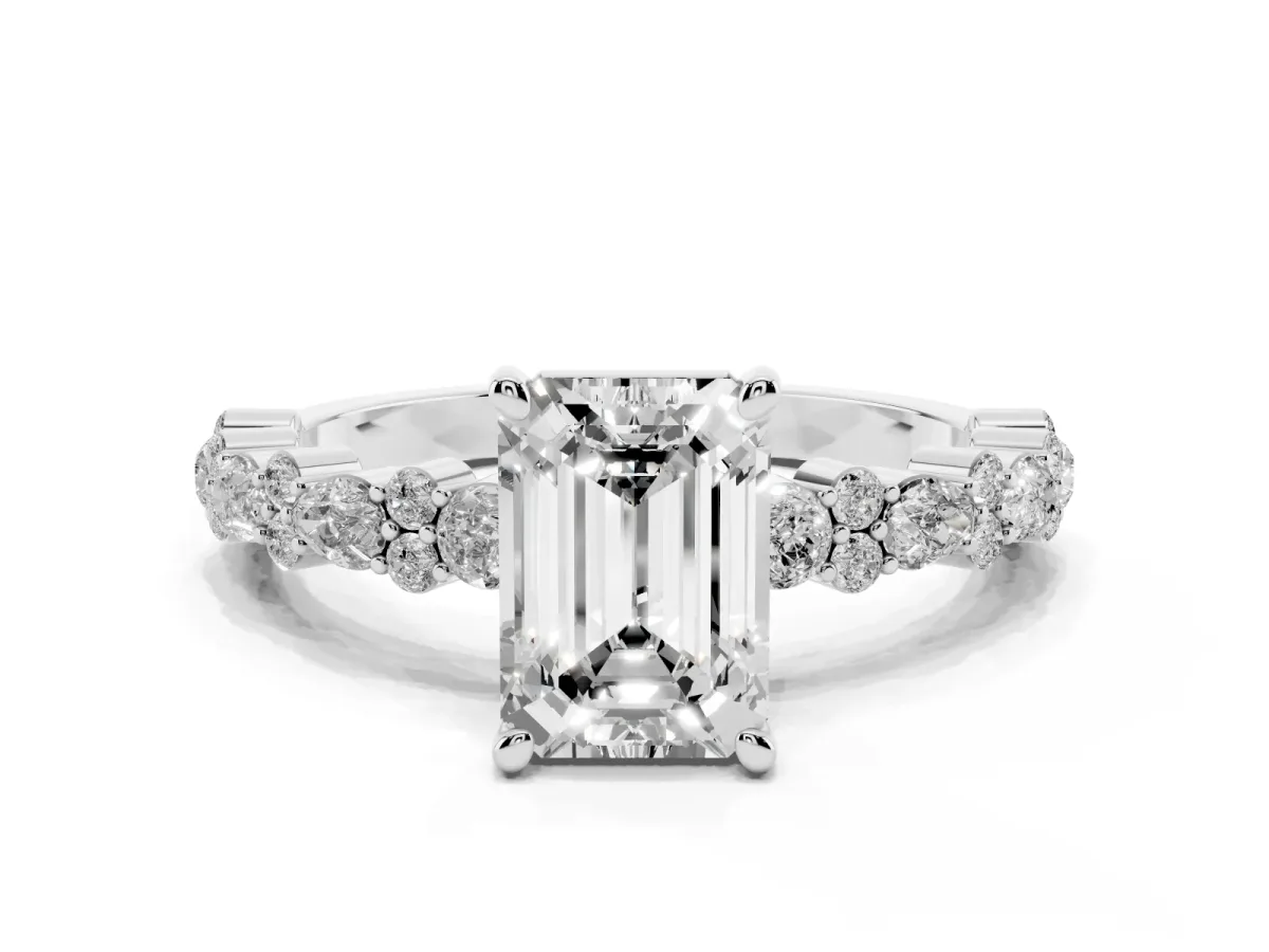 Emerald Cut Diamond Side Stone Solitaire Ring with Round and Four-Prong Setting Silver