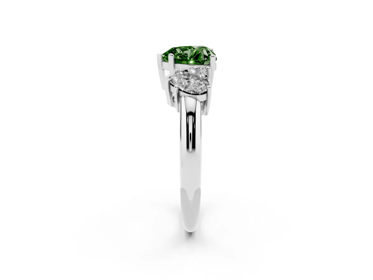 Fancy Green Three-Stone Heart Cut Cut Diamond Engagement Ring with Prong Setting on a White Gold Band White gold