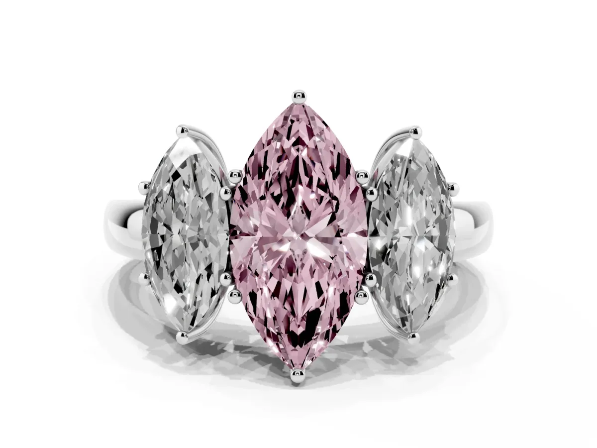Fancy Pink Marquise Cut Diamond Three-Stone Ring with Four-Prong Setting and Classic Band Silver