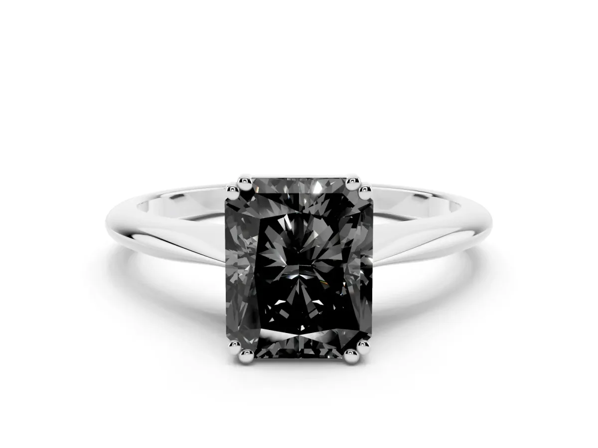 Fancy Black Radiant Cut Solitaire Diamond Ring with Six-Prong Setting and Classic Band Platinum