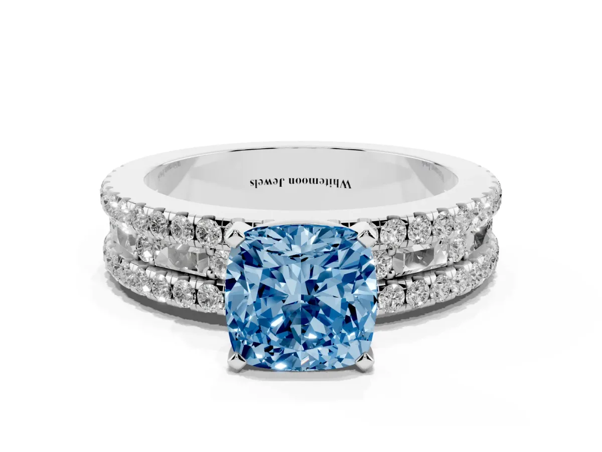 Fancy Blue Cushion Cut Diamond Solitaire Ring with Pavé and Channel Set Band Silver