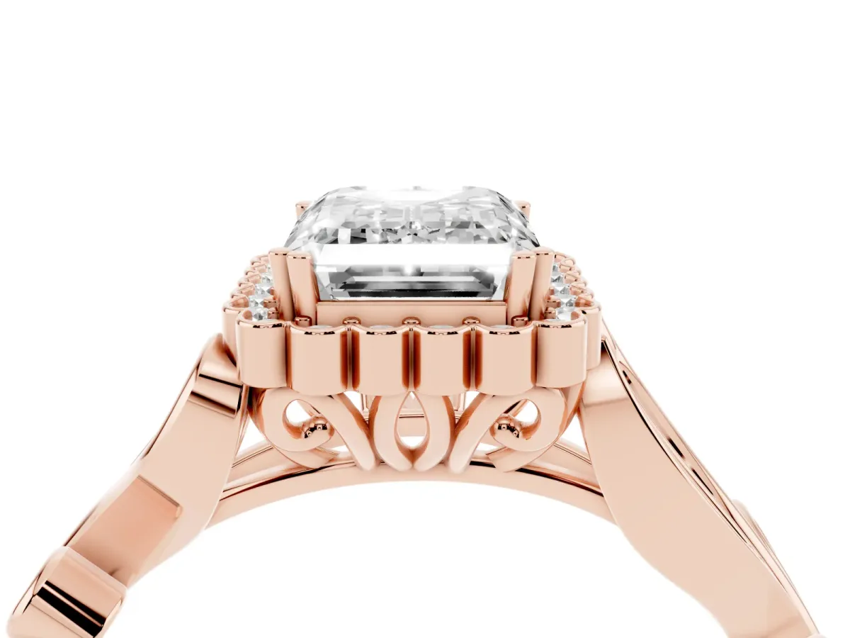 Emerald Cut Diamond Halo Ring with Vintage Split Shank and Four-Prong Setting Rose gold