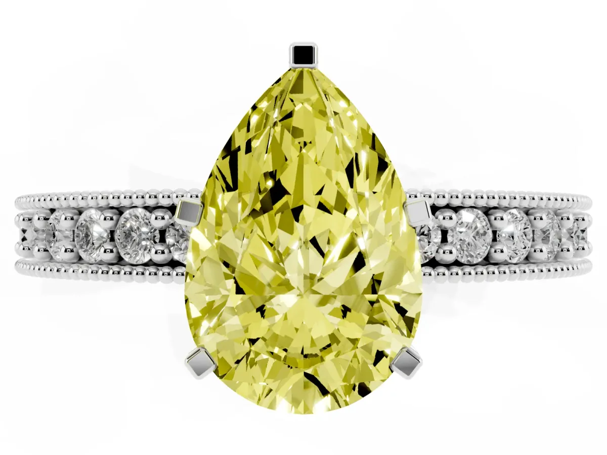 Fancy Yellow Pear Cut Diamond Milgrain Pavé Engagement Ring with Four-Prong Setting Silver