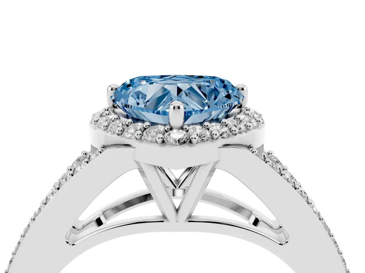 Fancy Blue Heart Cut Halo Split Shank Diamond Ring with Prong Setting Silver