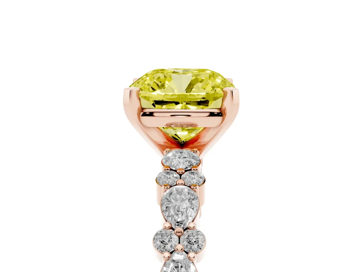 Fancy Yellow Cushion Cut Diamond Side Stone Solitaire Ring with Round and Four-Prong Setting Rose gold