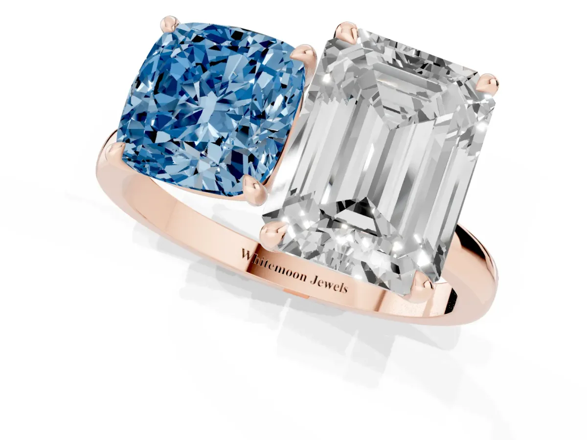 Fancy Blue Cushion Cut and Emerald Cut Toi Moi Ring with Prong Setting Rose gold