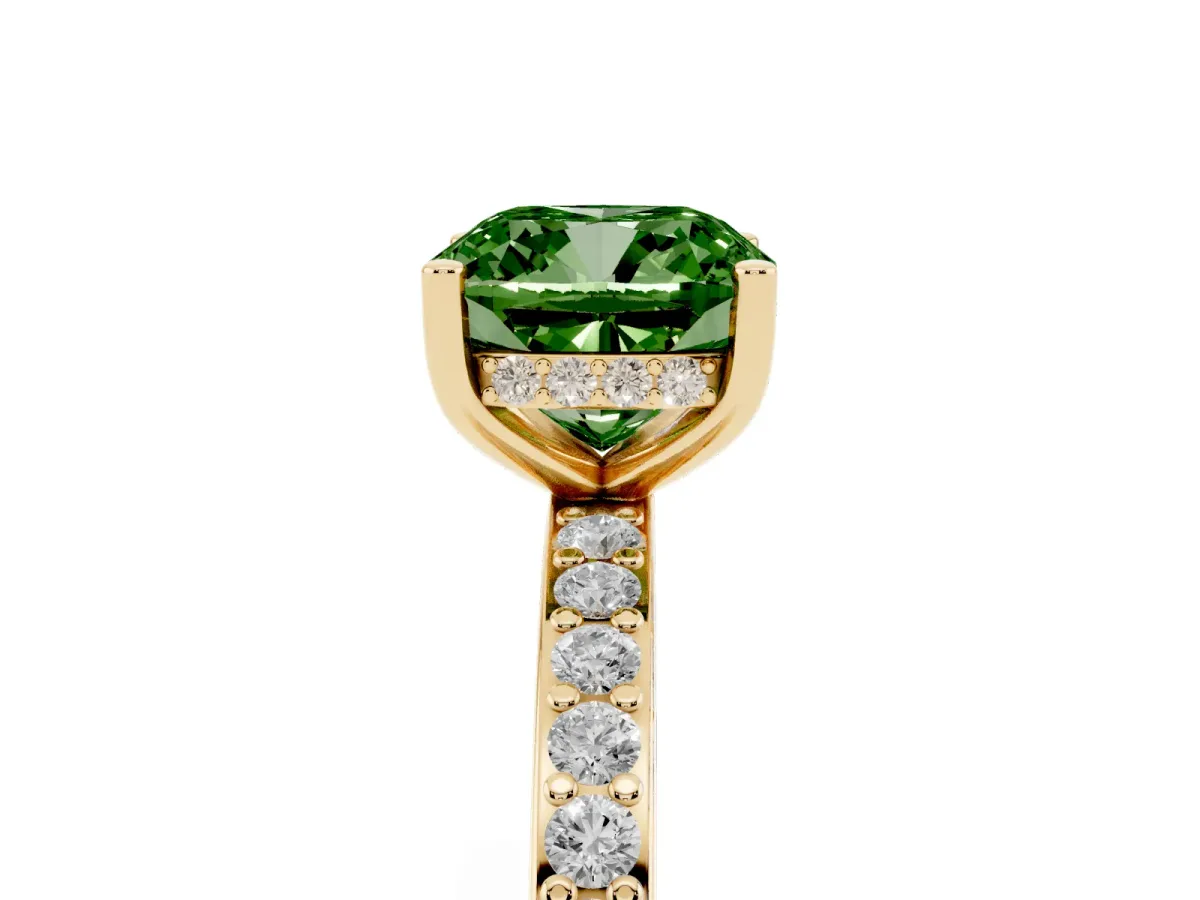 Fancy Green Cushion Cut Cut Diamond Pavé Band Ring with Four-Prong Setting Yellow gold