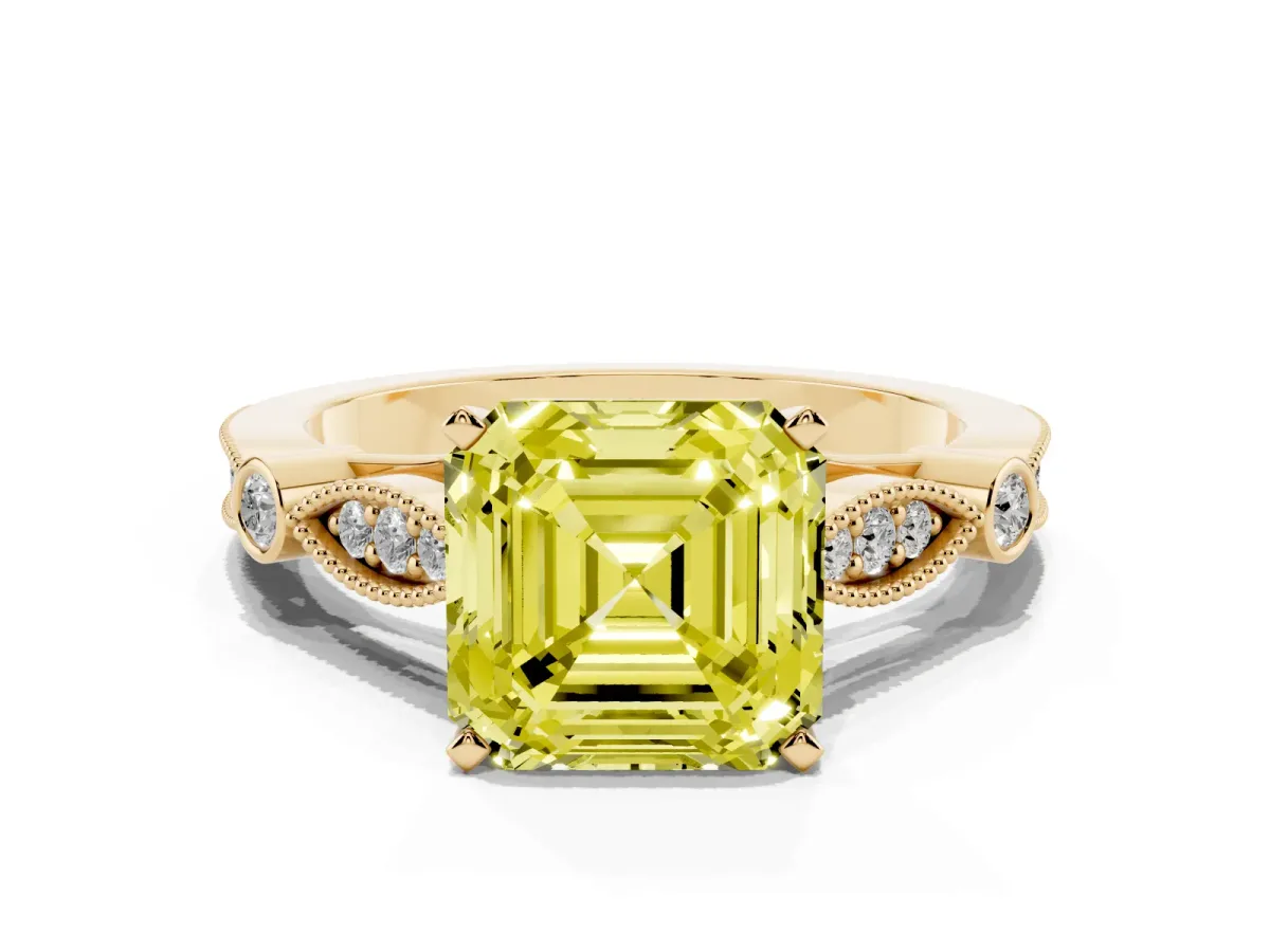 Fancy Yellow Asscher Cut Cut Diamond with Milgrain Marquise and Bezel Accents on a Solitaire Band with Prong Setting Yellow gold