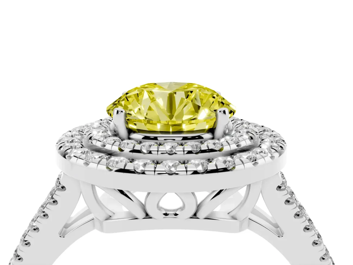 Fancy Yellow Round Cut Diamond Double Halo Ring with Pavé Band and Prong Setting Platinum