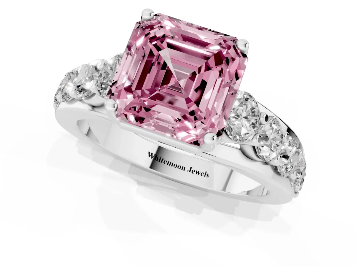 Fancy Pink Asscher Cut Diamond Engagement Ring with Pavé Band and Four-Prong Setting Silver