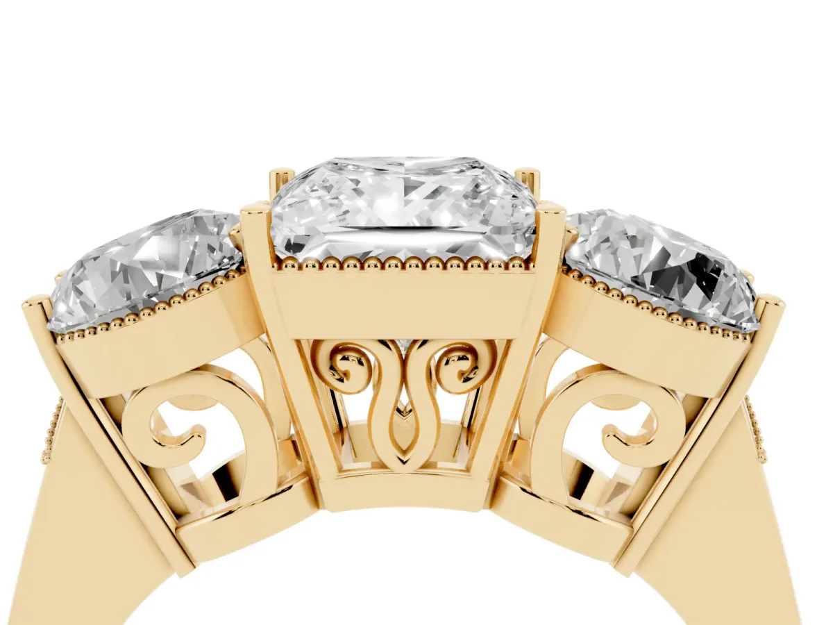 Three-Stone Princess Cut Diamond Engagement Ring with Prong Setting on a Classic Band Yellow gold