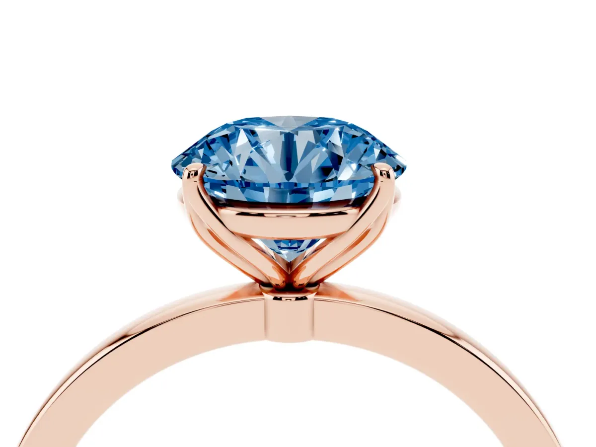 Fancy Blue Round Cut Diamond Solitaire Ring with Thin Band and Prong Setting Rose gold
