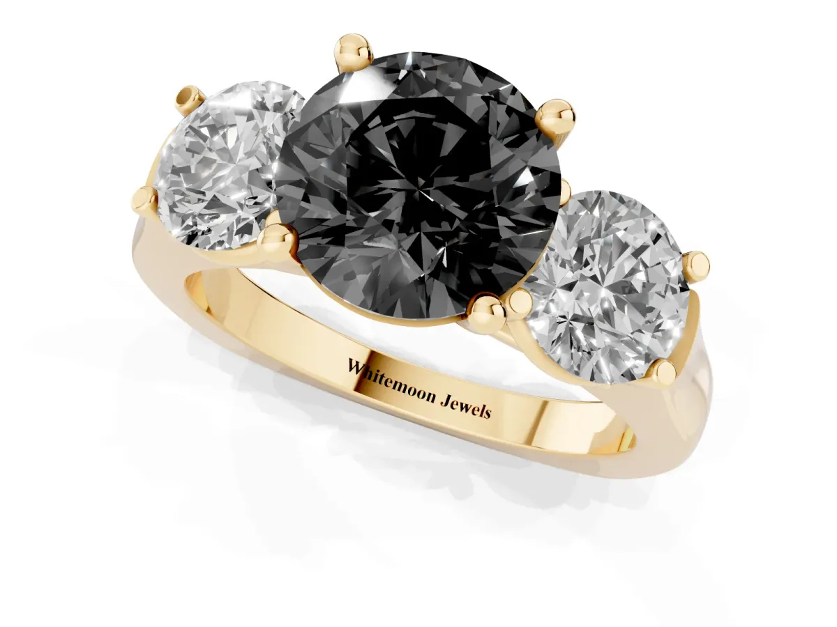 Fancy Black Three-Stone Round Cut Brilliant Diamond Trellis Ring with Comfort Fit Band Yellow gold