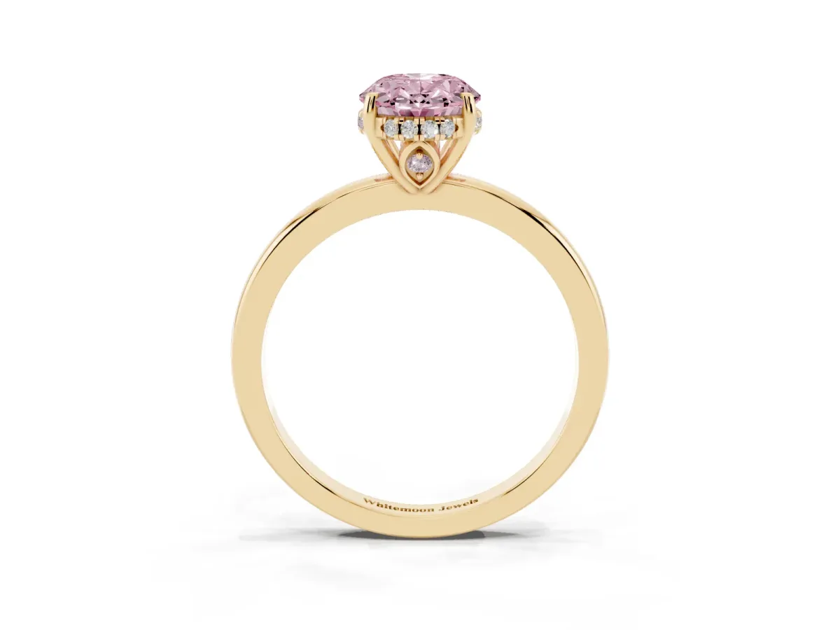 Fancy Pink Oval Cut Solitaire Diamond Ring with Prong Setting and Plain Band Yellow gold