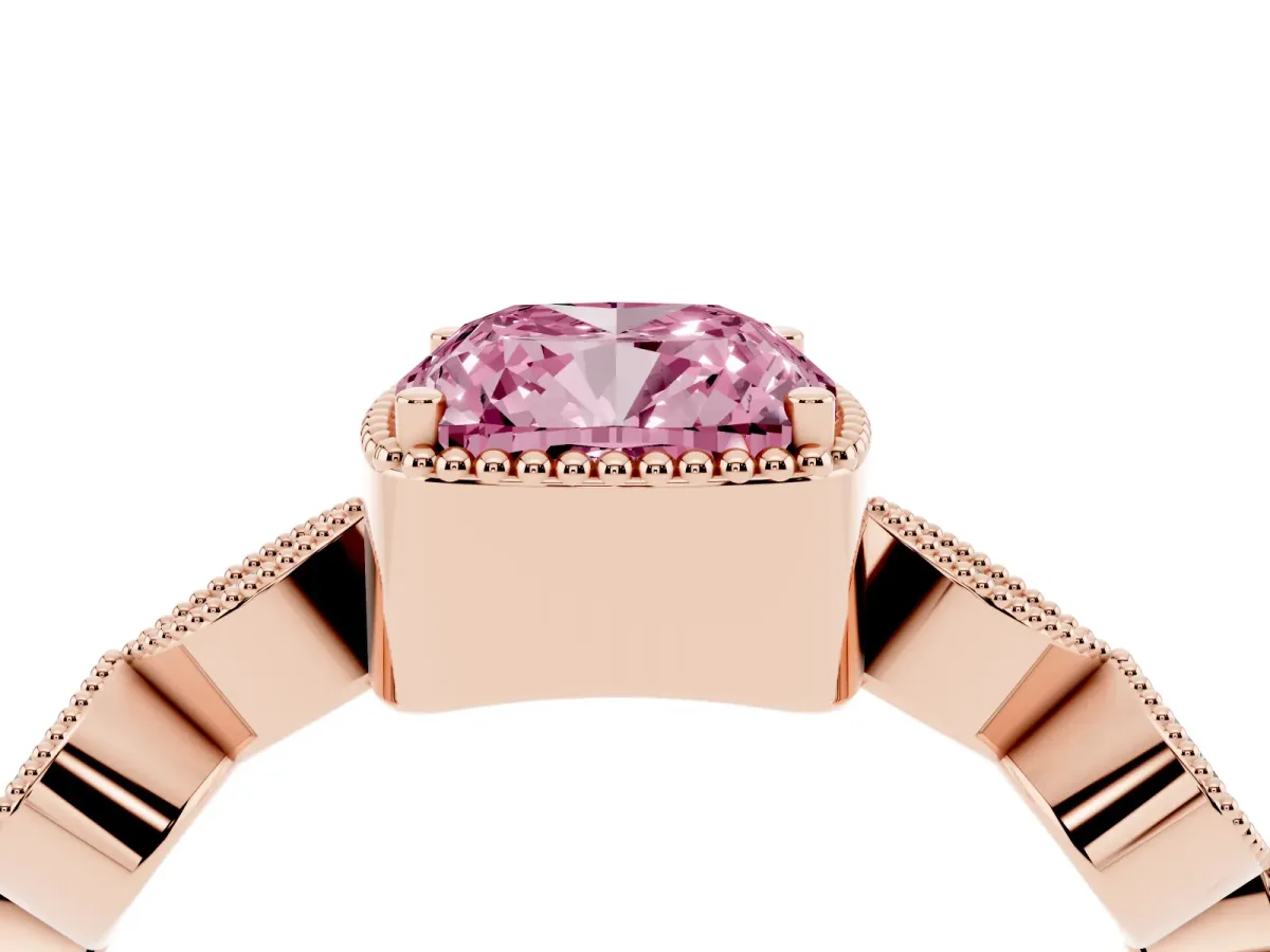 Fancy Pink Cushion Cut Diamond Vintage Milgrain Ring with Round Stations Rose gold