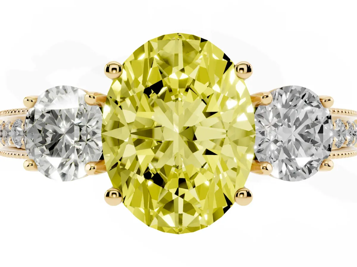 Fancy Yellow Oval Cut Three-Stone Diamond Ring with Pavé Band and Four-Prong Setting Yellow gold