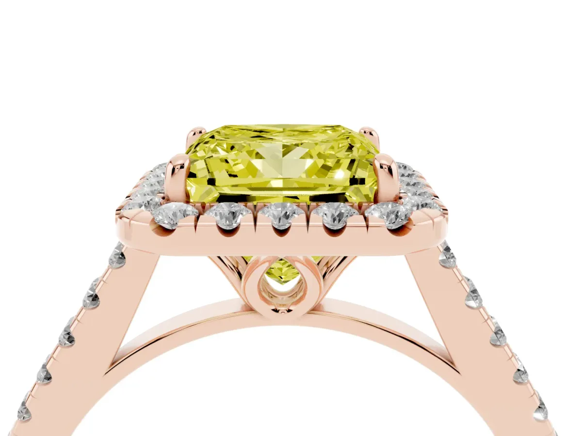 Fancy Yellow Princess Cut Halo Pavé Diamond Engagement Ring with Four-Prong Setting Rose gold