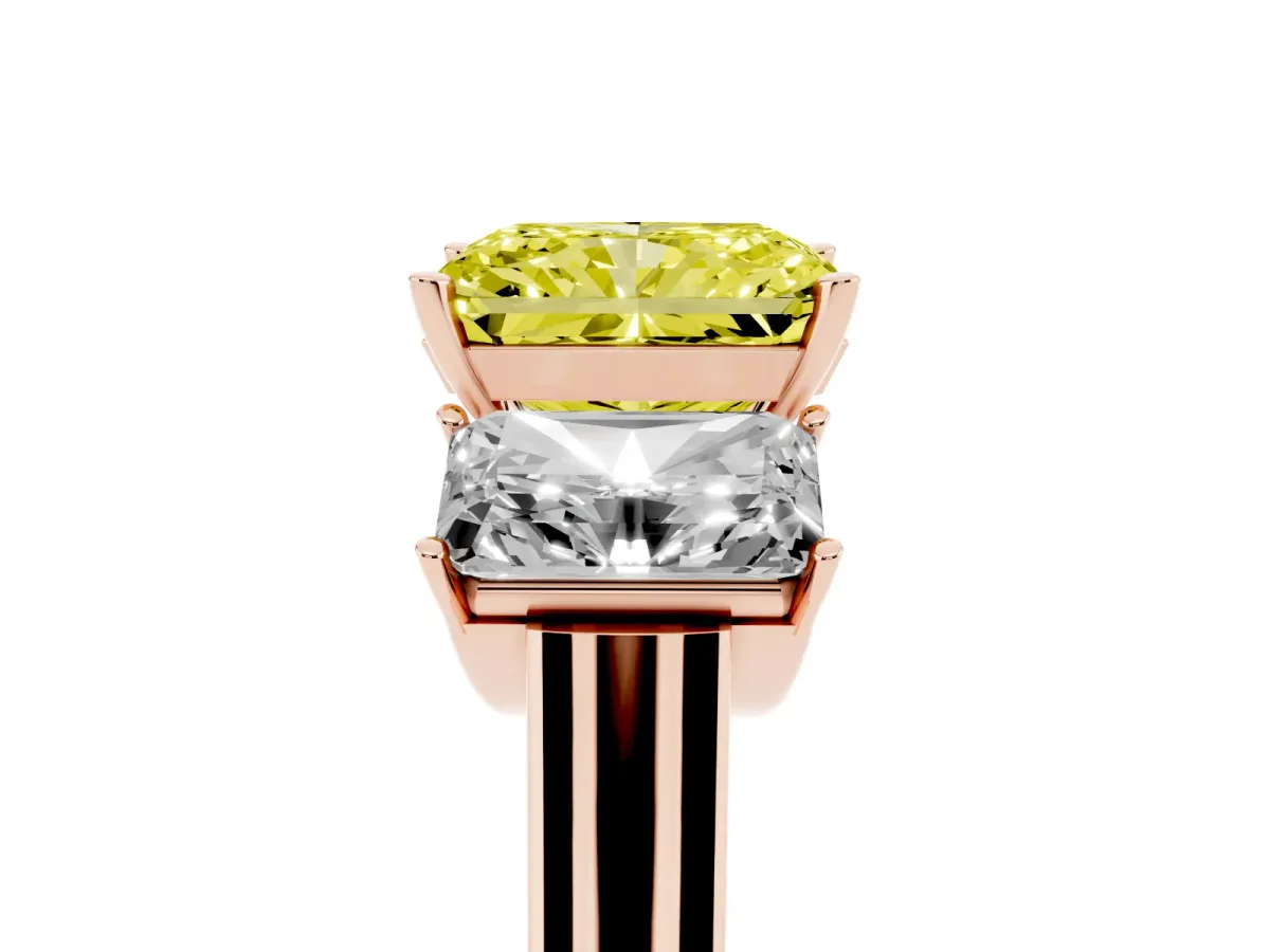 Fancy Yellow Three-Stone Radiant Cut Brilliant Diamond Trellis Ring with Comfort Fit Band Rose gold