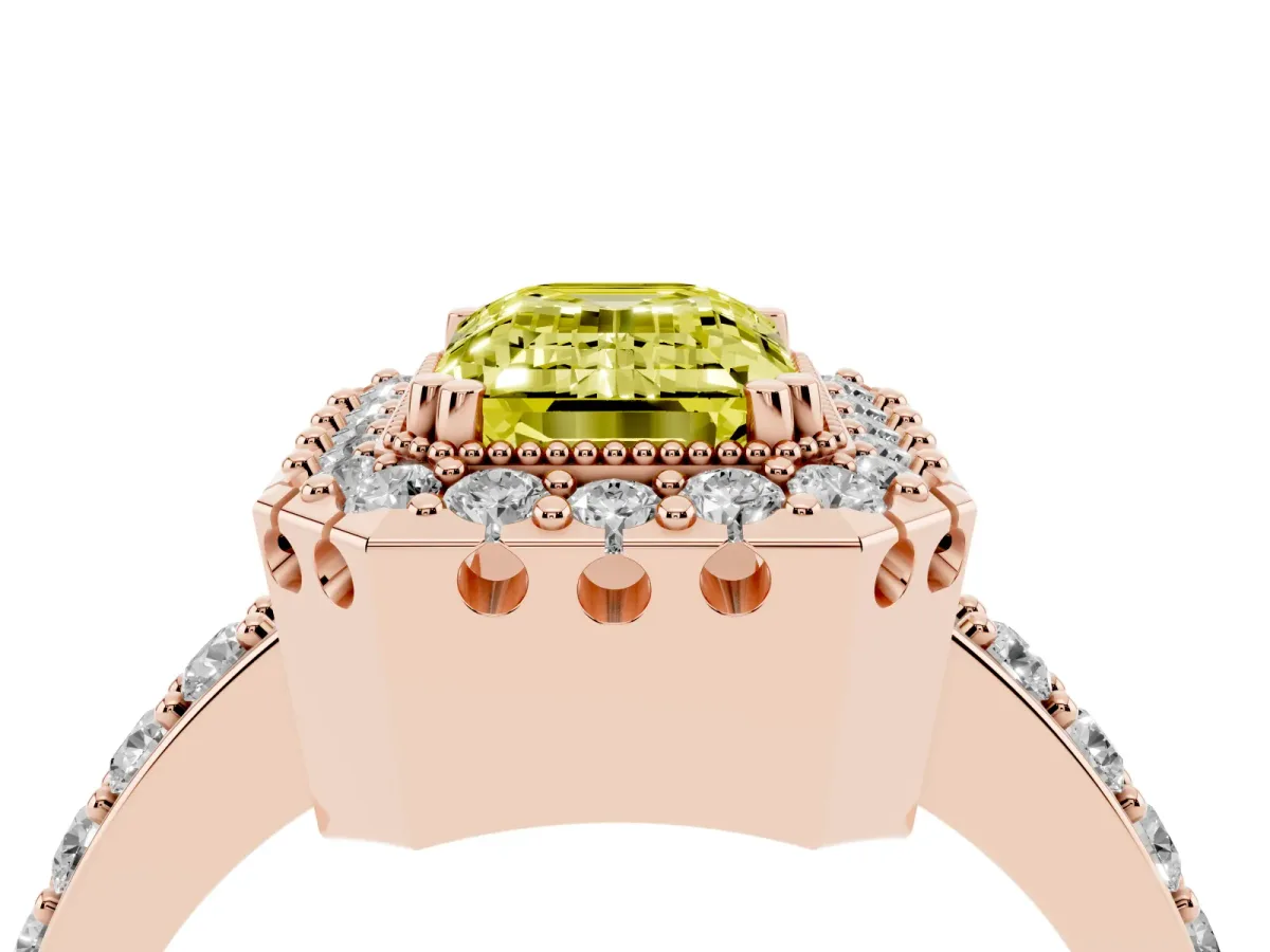 Fancy Yellow Emerald Cut Diamond Halo Ring with Pavé Band and Prong Setting Rose gold