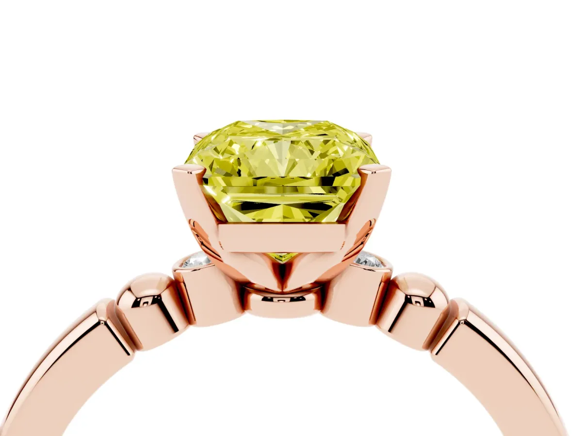 Fancy Yellow Radiant Cut Solitaire Beaded Band with Four-Prong Setting Rose gold