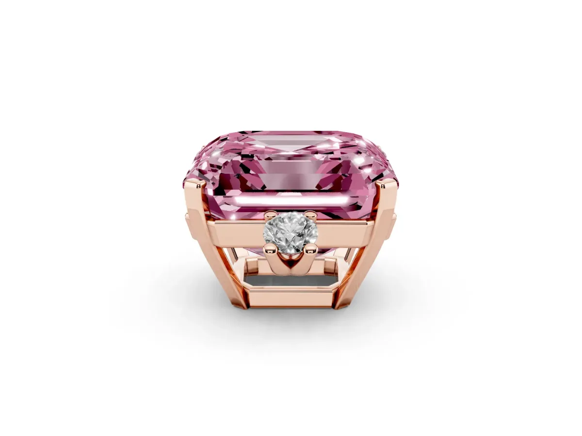 Fancy Pink Asscher Cut Cut Three-Stone Solitaire Ring with Round Accent Diamonds and Four-Prong Setting Rose gold