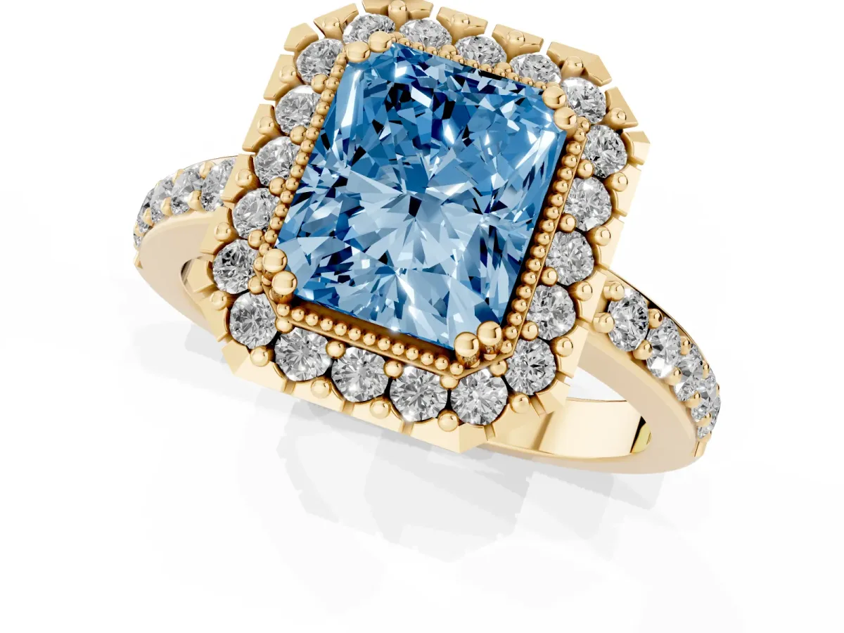 Fancy Blue Radiant Cut Diamond Halo Ring with Pavé Band and Prong Setting Yellow gold
