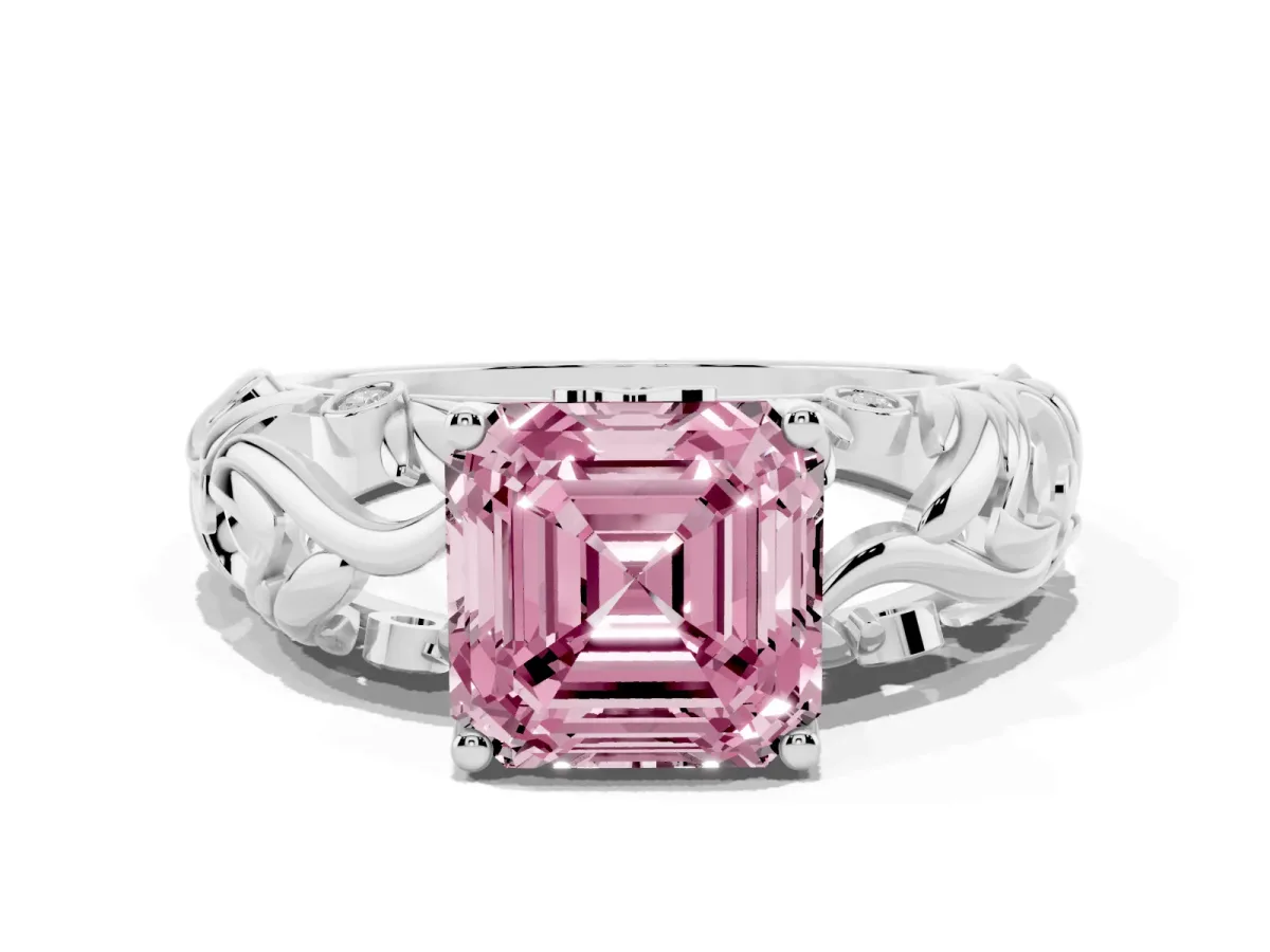 Fancy Pink Asscher Cut Solitaire Diamond Leaf-Inspired Vine Band Ring with Prong Setting Silver