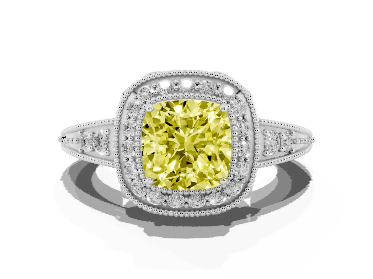 Fancy Yellow Cushion Cut Halo Diamond Split Shank Ring with Milgrain Detail Platinum