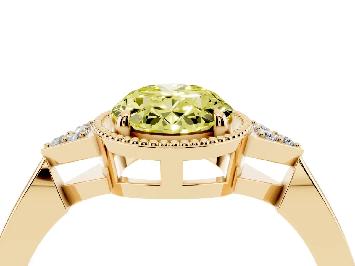 Fancy Yellow Oval Cut Diamond Halo Ring with Tapered Band and Four-Prong Setting Yellow gold