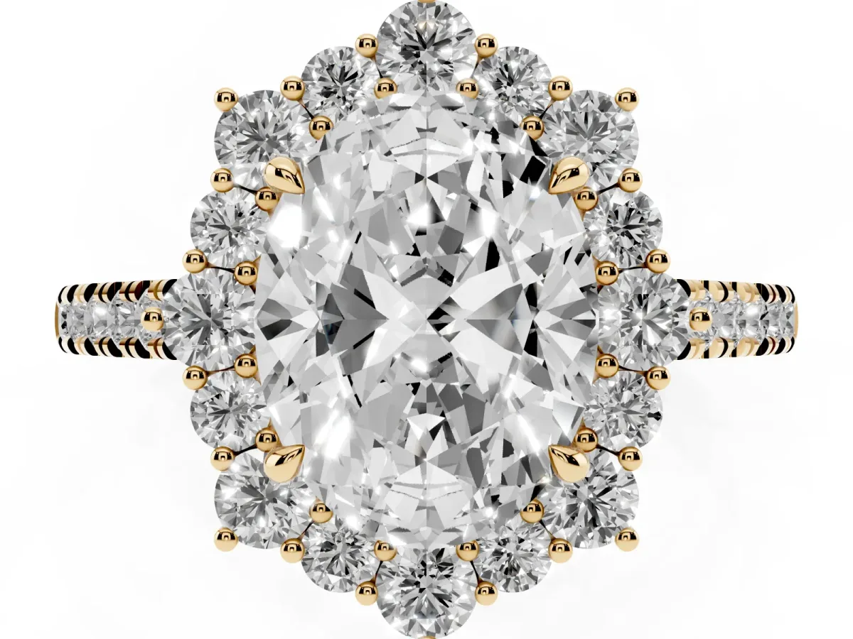 Oval Cut Halo Diamond Ring with Pavé Band and Prong Setting Yellow gold