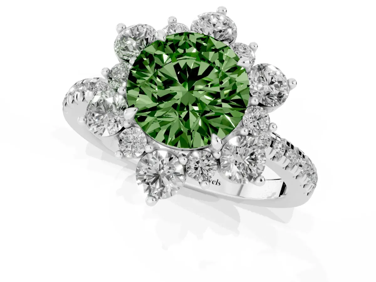 Fancy Green Round Cut Diamond Floral Halo Ring with Round Pavé Band and Prong Setting Silver