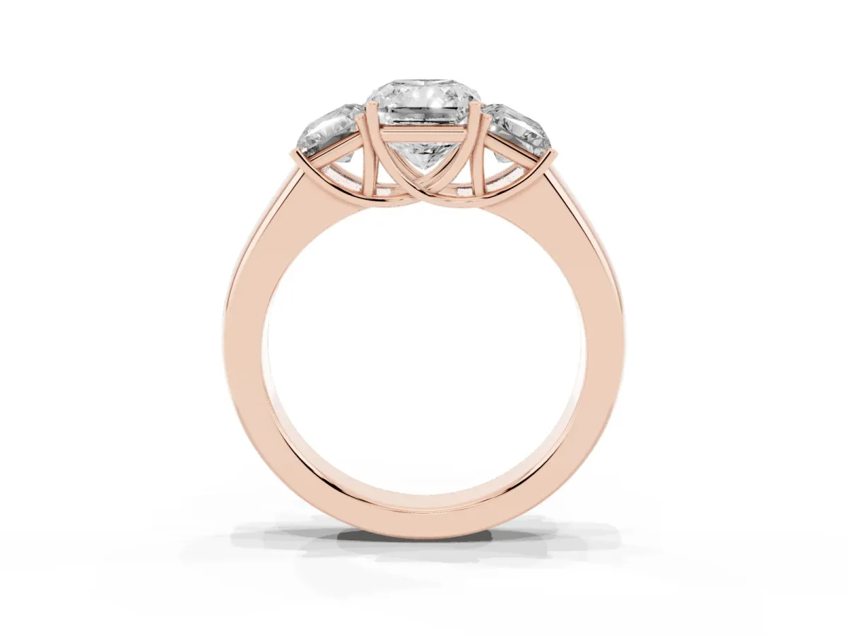 Three-Stone Radiant Cut Cut Diamond Ring with Prong Setting and Classic Band Rose gold