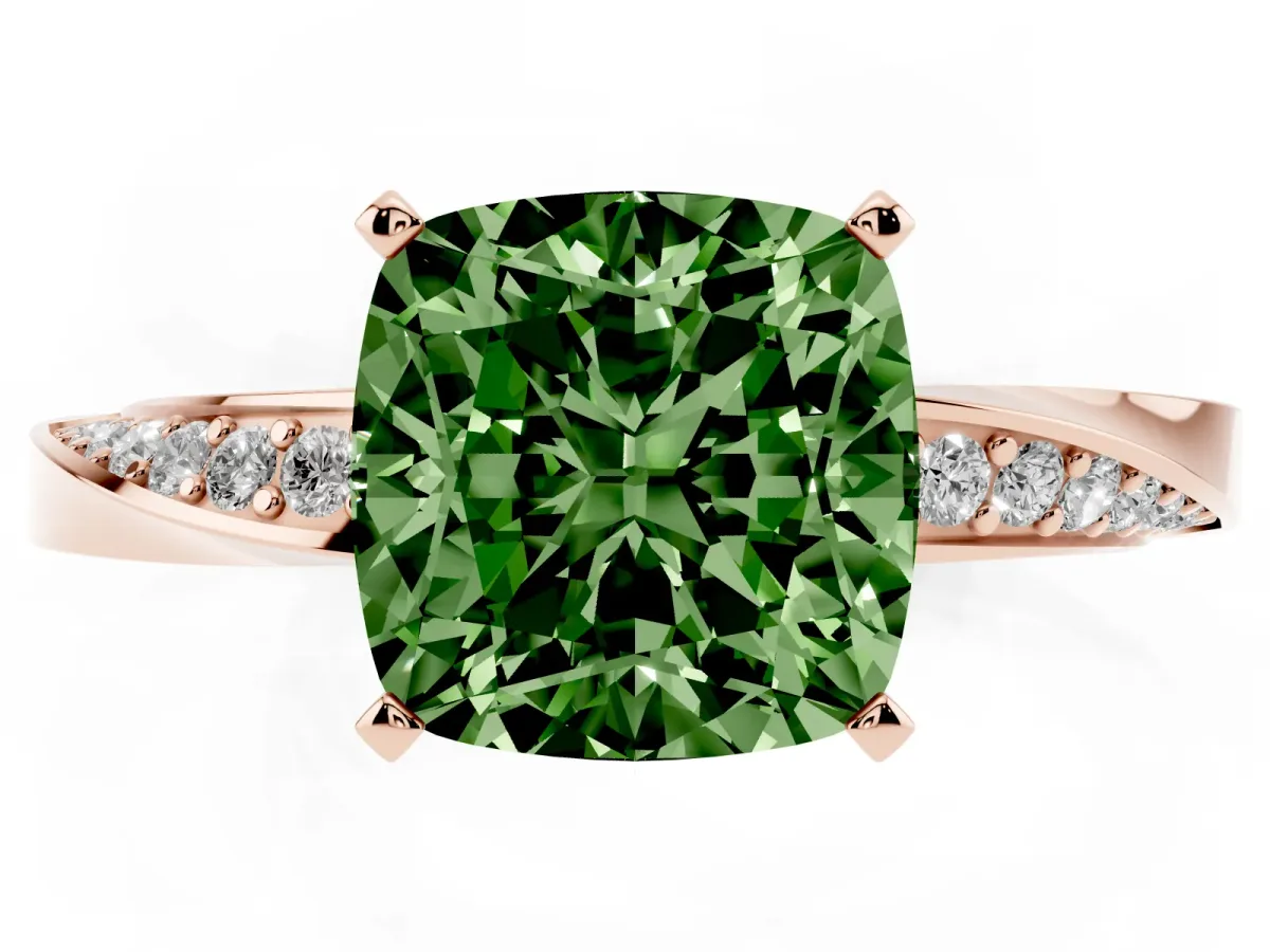 Fancy Green Cushion Cut Diamond Engagement Ring with Side Stone Accents and Four-Prong Setting Rose gold