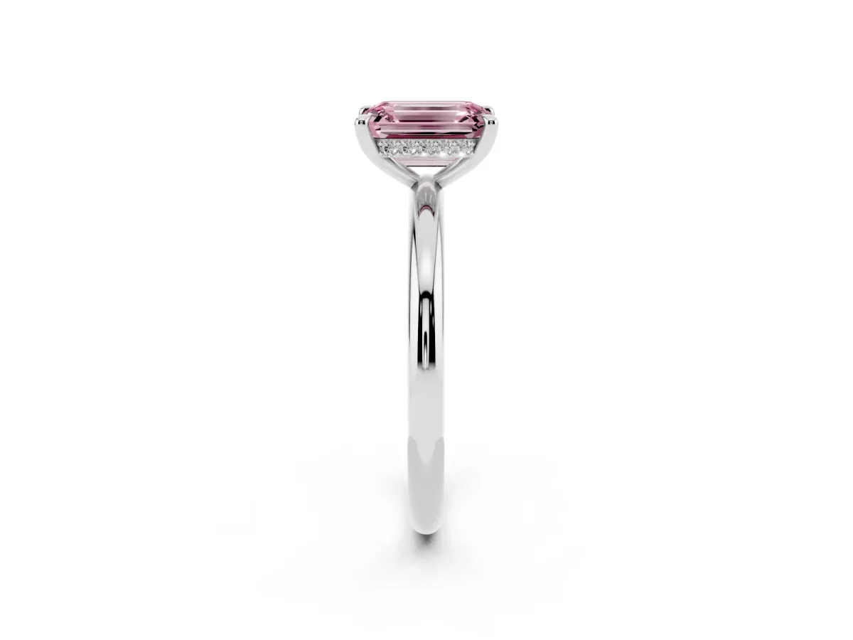 Fancy Pink Emerald Cut Diamond Solitaire Ring with Thin Band and Four-Prong Setting Platinum