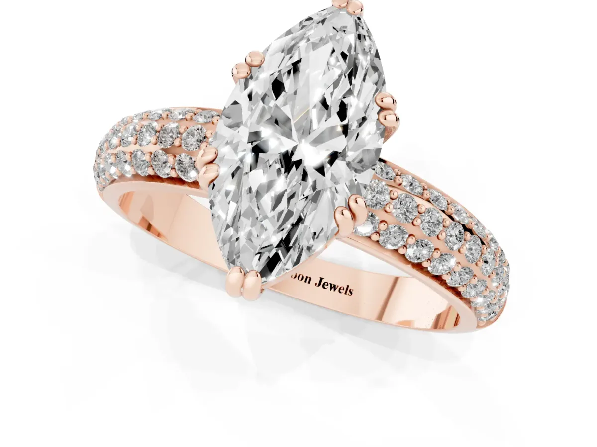 Marquise Cut Diamond Solitaire Ring with Multi-Row Round Pavé Band and Prong Setting Rose gold
