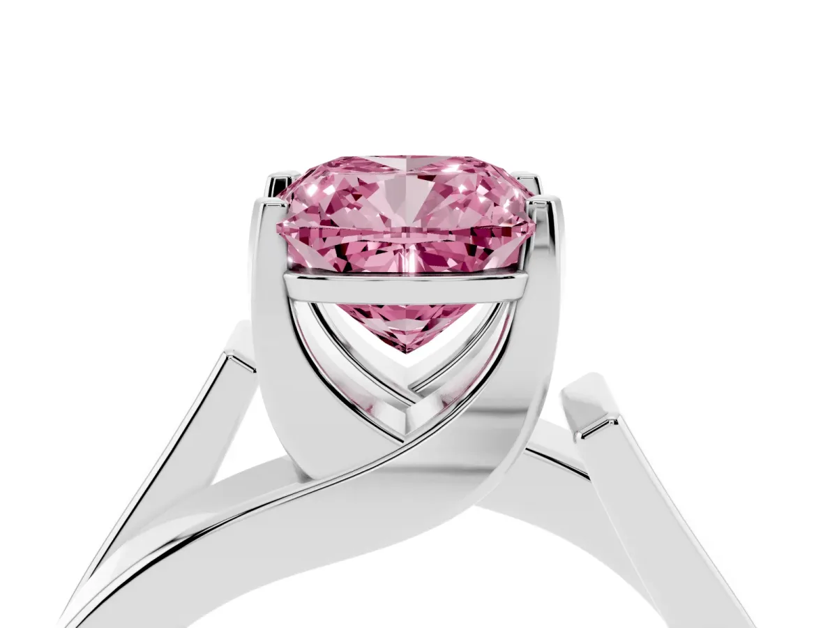 Fancy Pink Modern Tension Set Cushion Cut Diamond Solitaire Wide Band Ring Silver