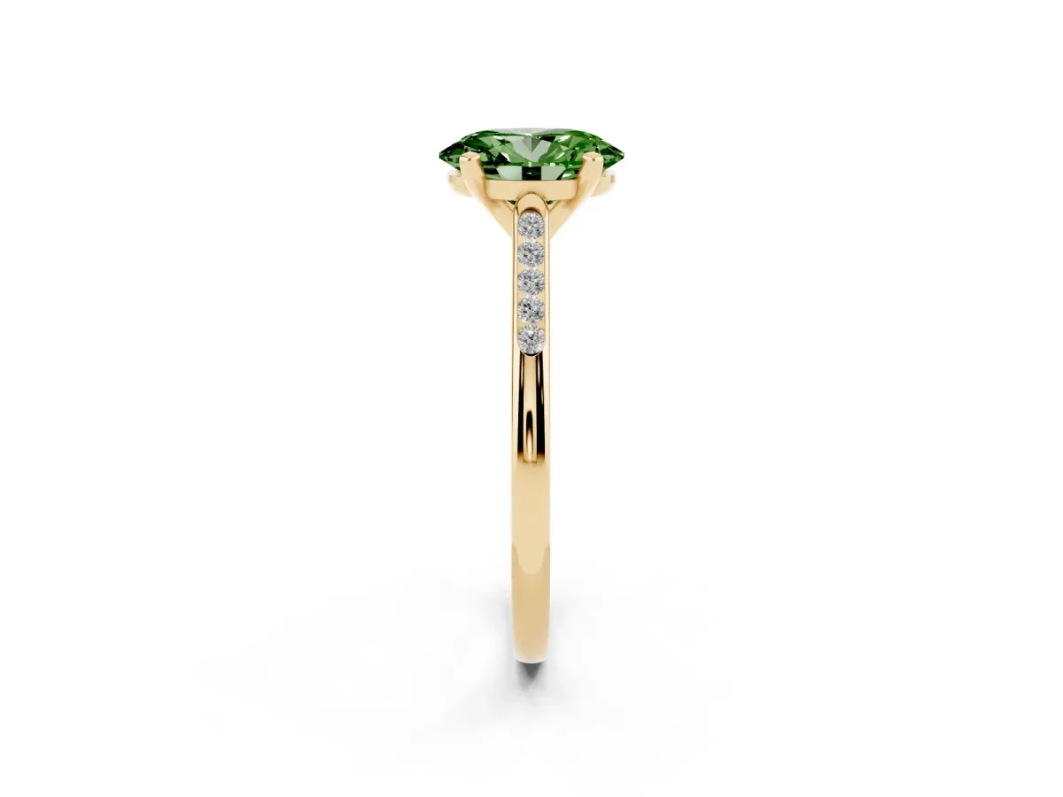 Fancy Green Oval Cut Diamond Solitaire Ring with Channel Set Round Band and Prong Setting Yellow gold