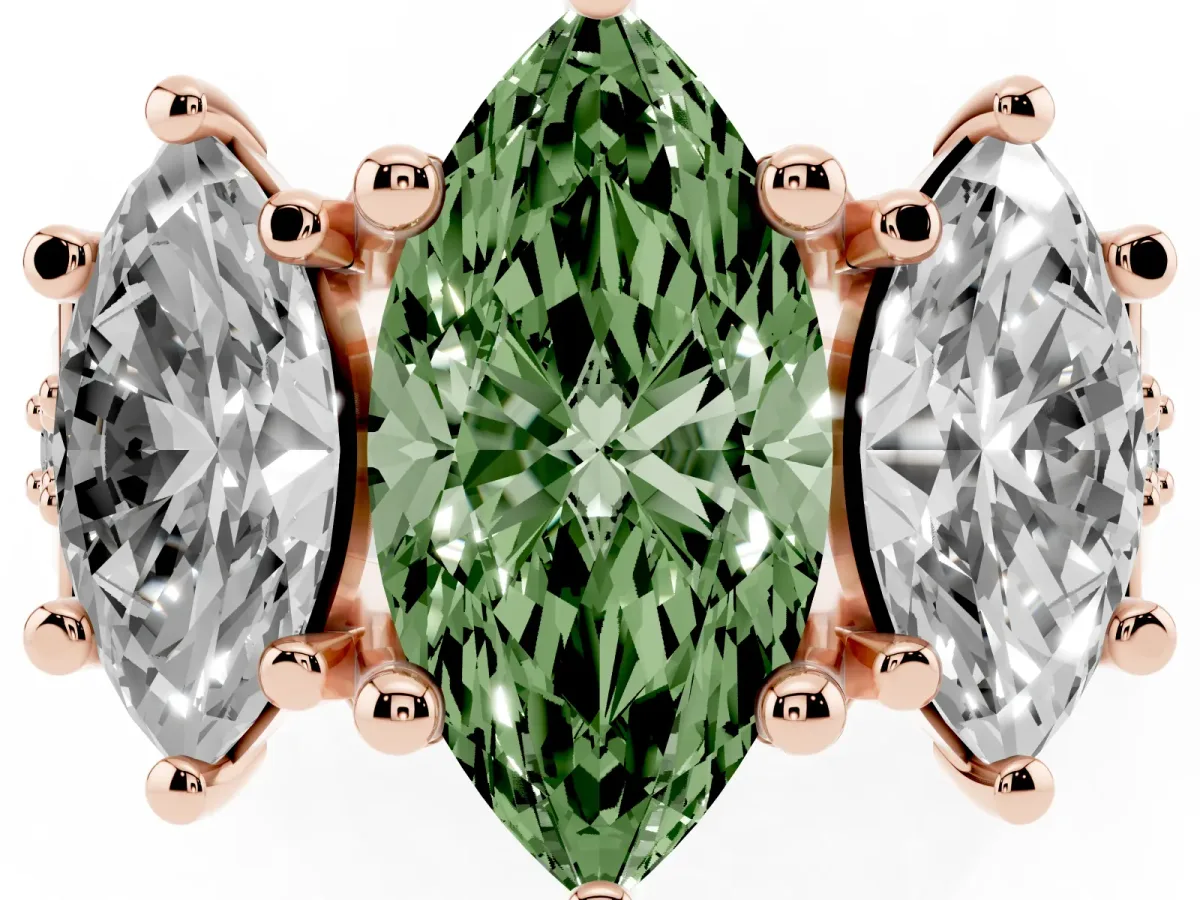 Fancy Green Marquise Cut Diamond Three-Stone Ring with Channel Set Band and Four-Prong Setting Rose gold