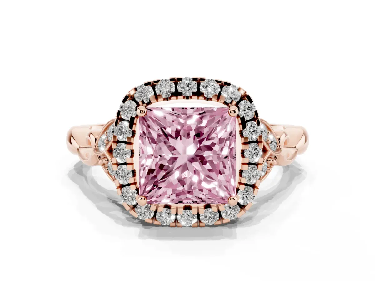 Fancy Pink Princess Cut Halo Diamond Engagement Ring with Vintage-Inspired Band and Four-Prong Setting Rose gold