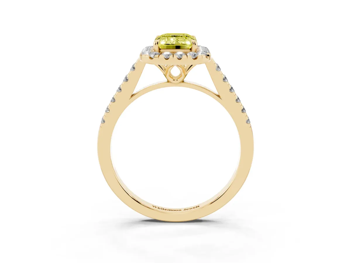 Fancy Yellow Emerald Cut Halo Pavé Diamond Engagement Ring with Four-Prong Setting Yellow gold