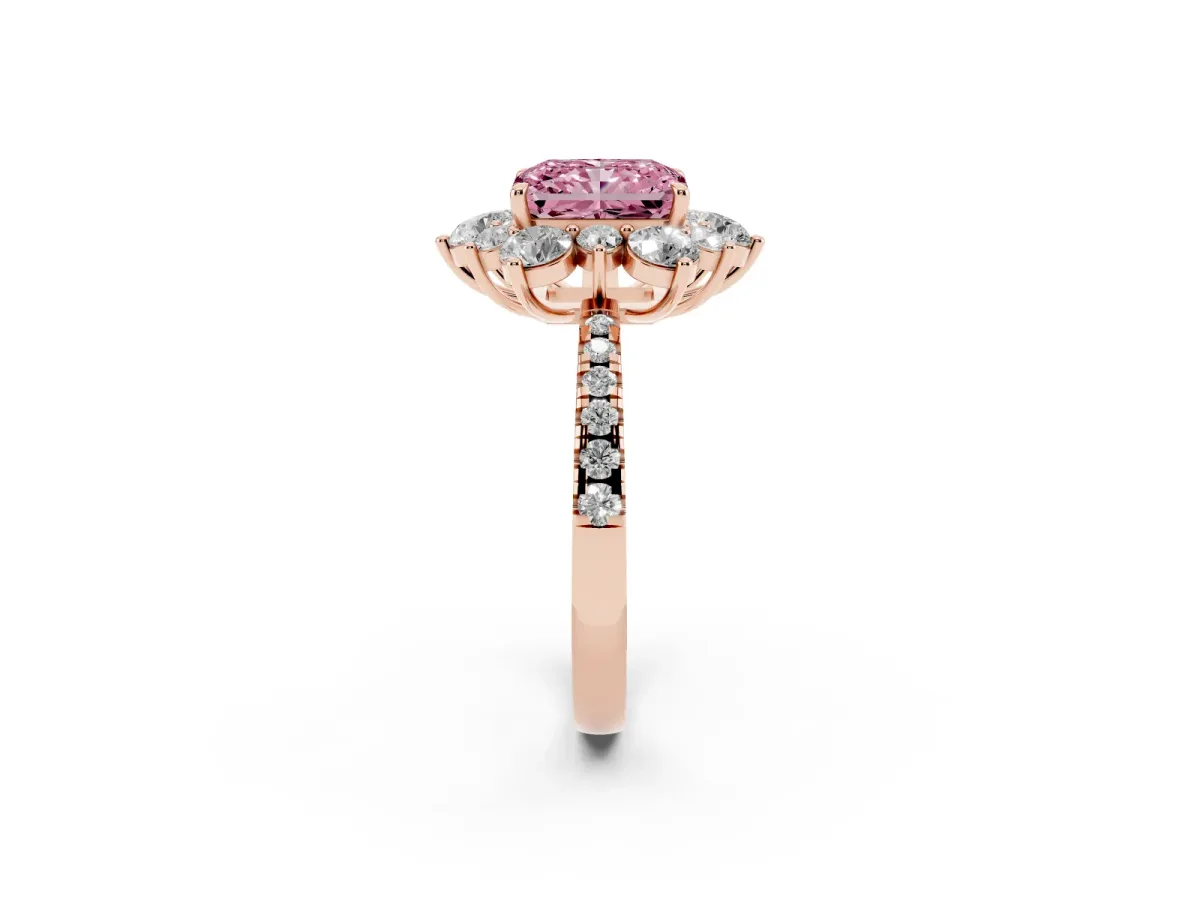 Fancy Pink Radiant Cut Diamond Floral Halo Ring with Round Pavé Band and Prong Setting Rose gold